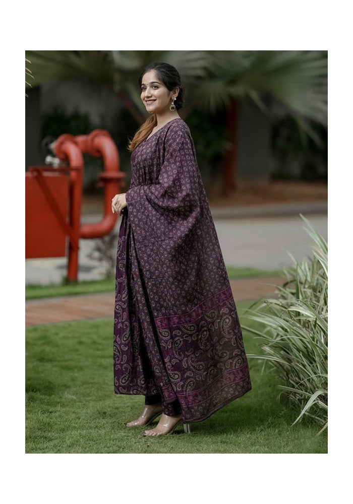 Malishka Export Purple Rayon Printed Anarkali Kurta Pant With Dupatta for Women - Image 3